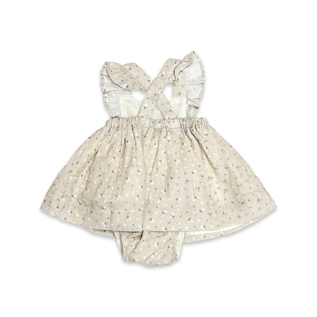 Ditsy Floral Ruffle Cross Back Flare Baby Dress+Bloomer