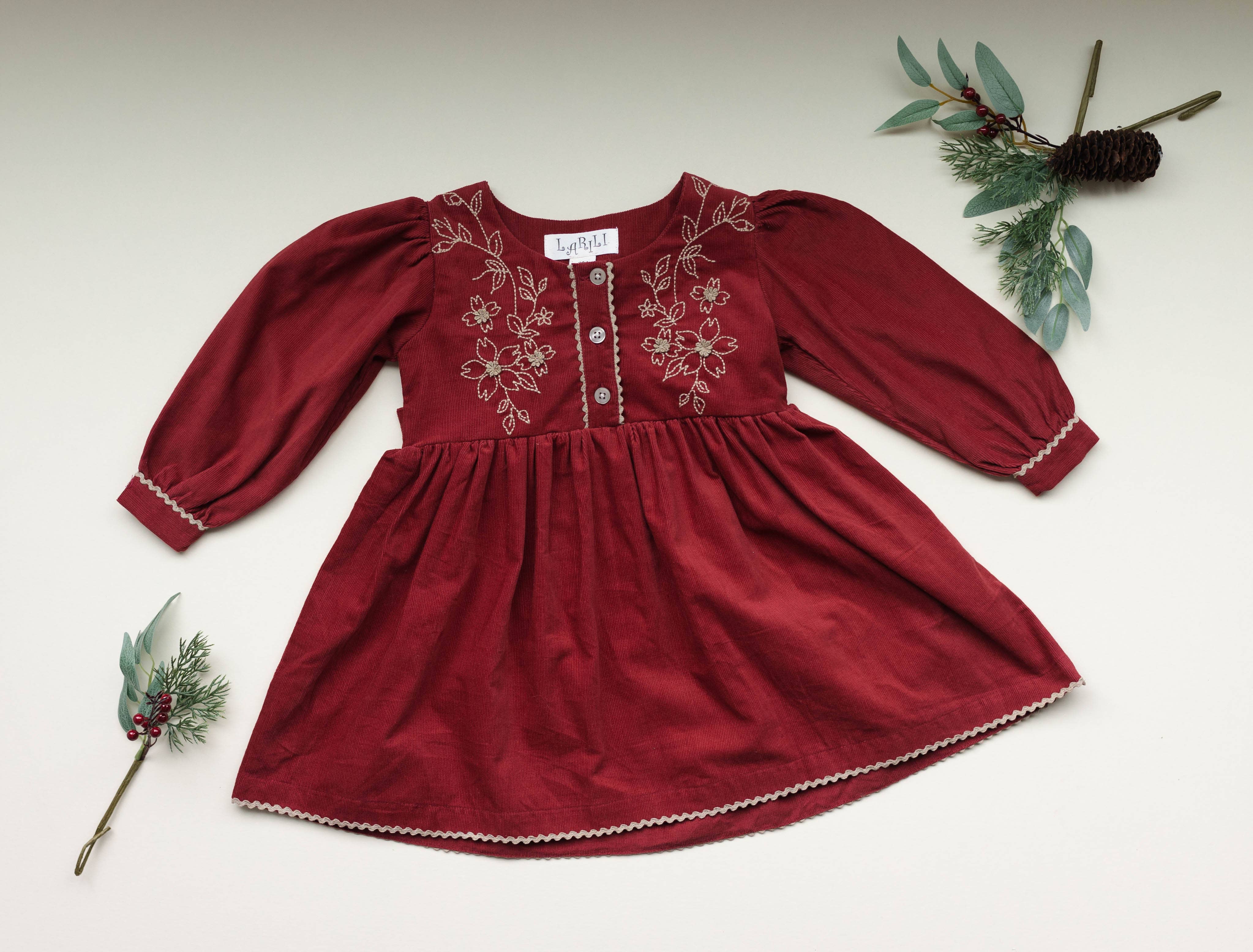 Red Corduroy Embroidered Dress