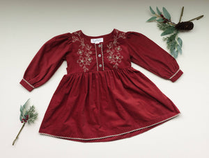 Red Corduroy Embroidered Dress