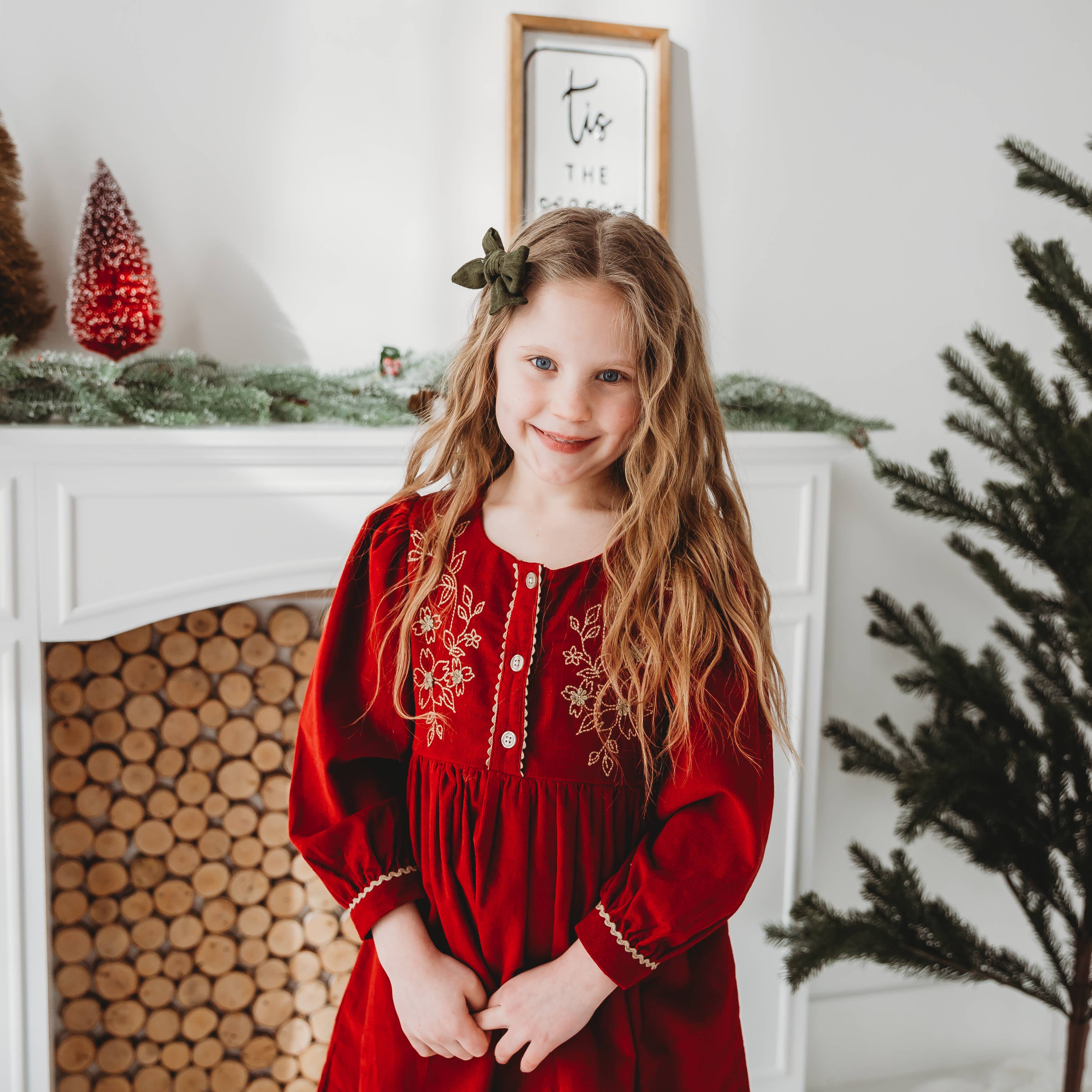 Red Corduroy Embroidered Dress