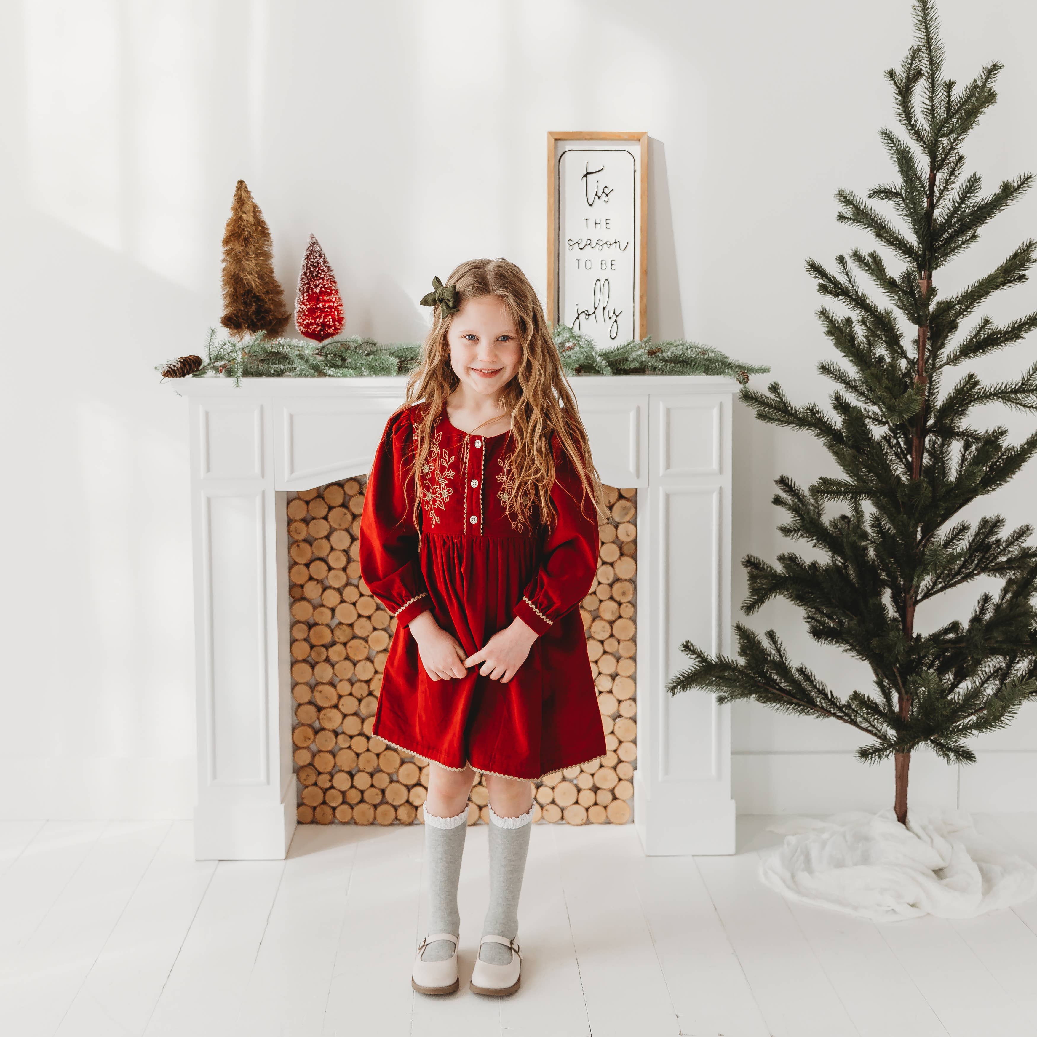 Red Corduroy Embroidered Dress