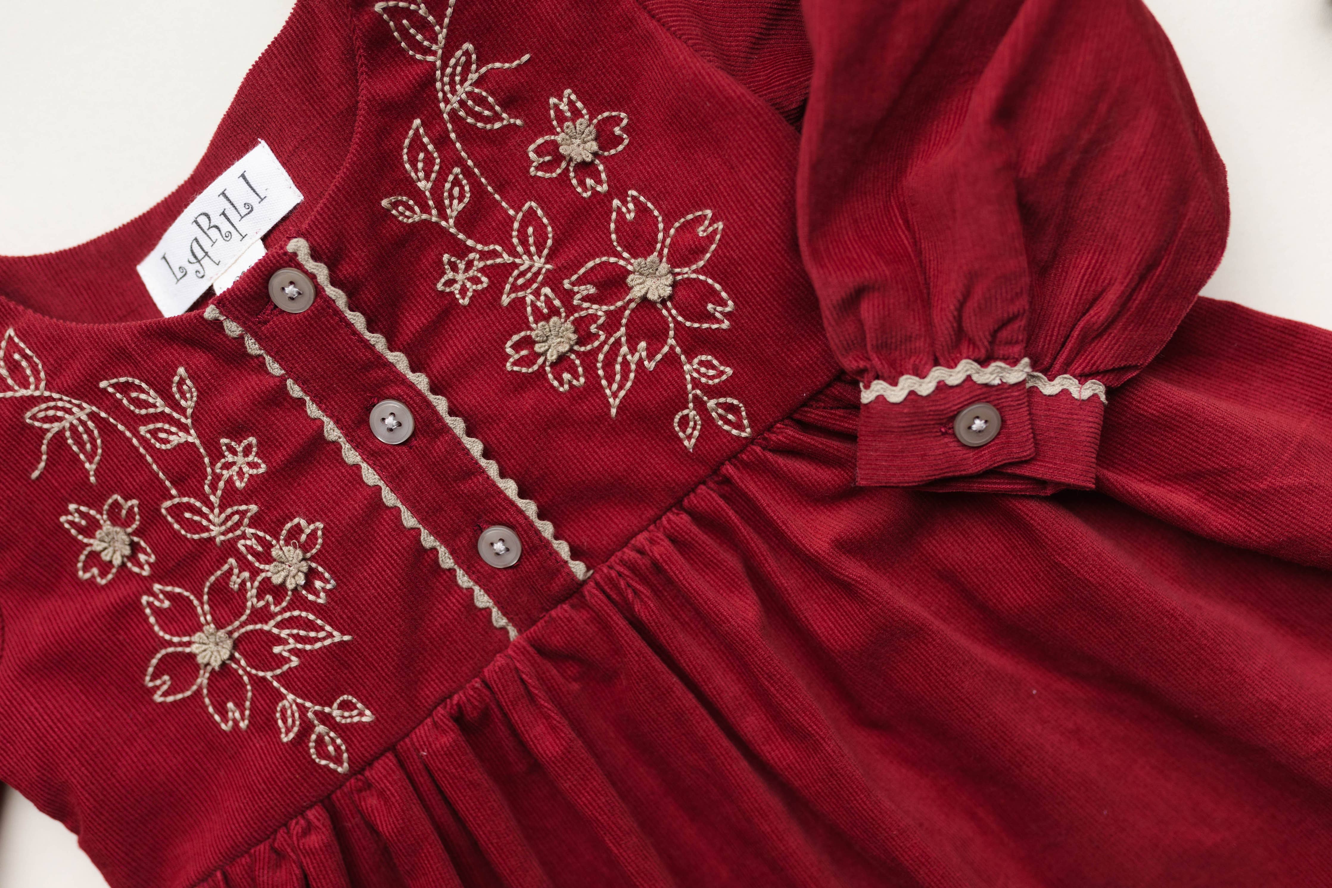 Red Corduroy Embroidered Dress